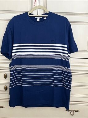 Lacoste Blue & White Striped Short Sleeve Tee.  Cotton and Linen blend.